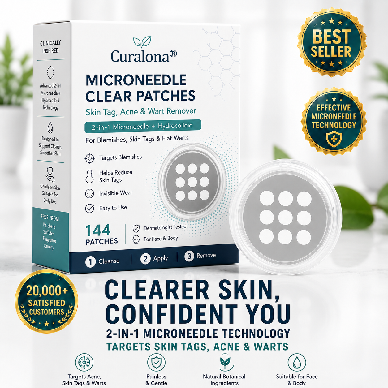 ✨Curalona® 2-in-1 Microneedle and Hydrocolloid Patch🍀 | Removes raised moles, acne, flat warts, and skin fibromas | Helps improve wrinkles, scars, and imperfections | Invisible patches for face and body