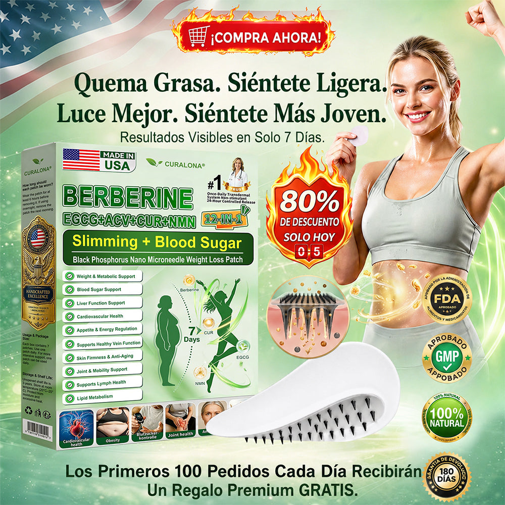 Tienda Oficial Insignia de la Marca | Parche Adelgazante de Nanagujas de Fósforo Negro Curalona® — Fórmula 12 en 1: Berberina + NMN + Vinagre de Sidra de Manzana | Promueve la quema de grasa | ¡Resultados visibles en solo 7 días!