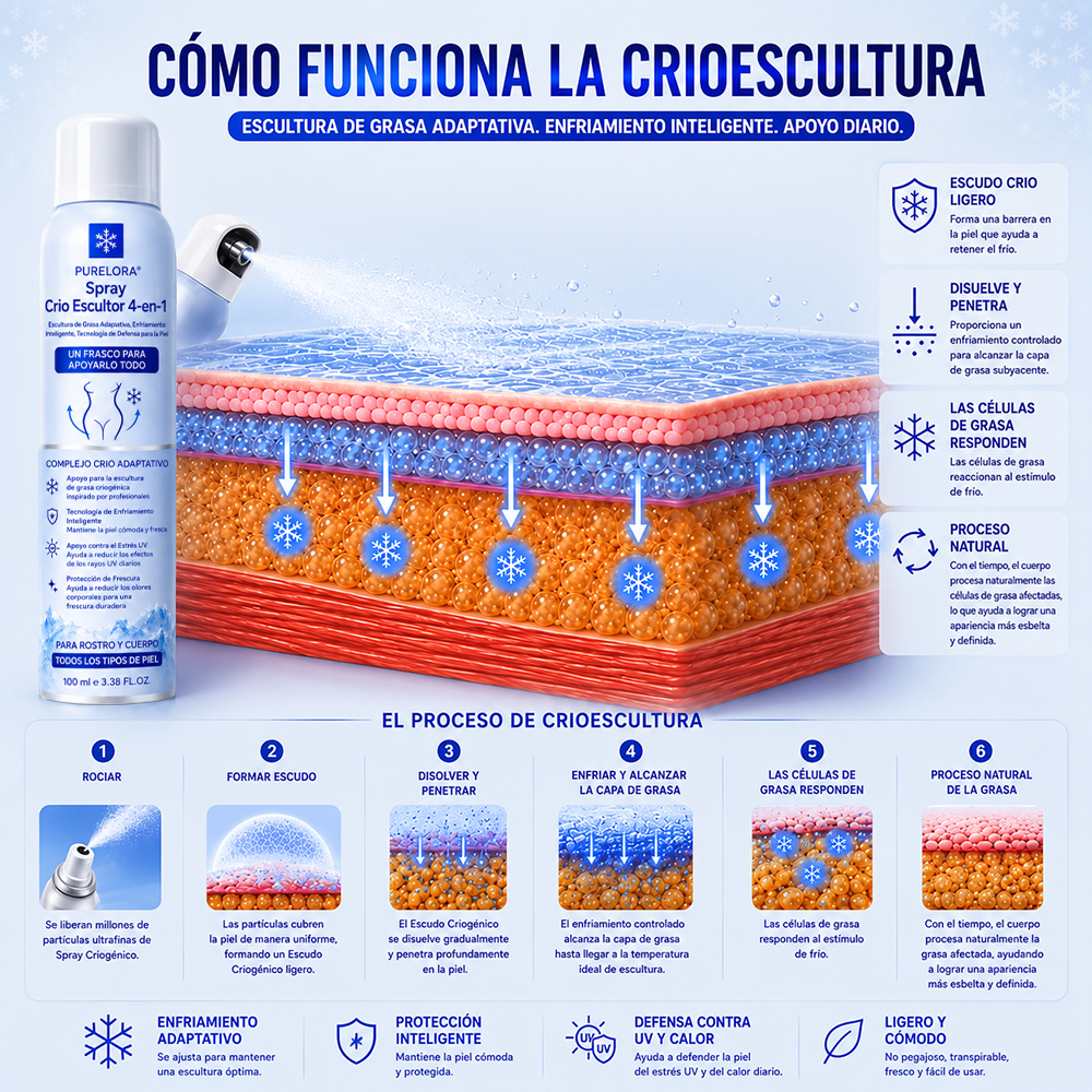 PURELORA® Bruma Cryo Sculpt 4 en 1 Tecnología de modelado de grasa adaptativo, enfriamiento inteligente, defensa de la piel y frescura.