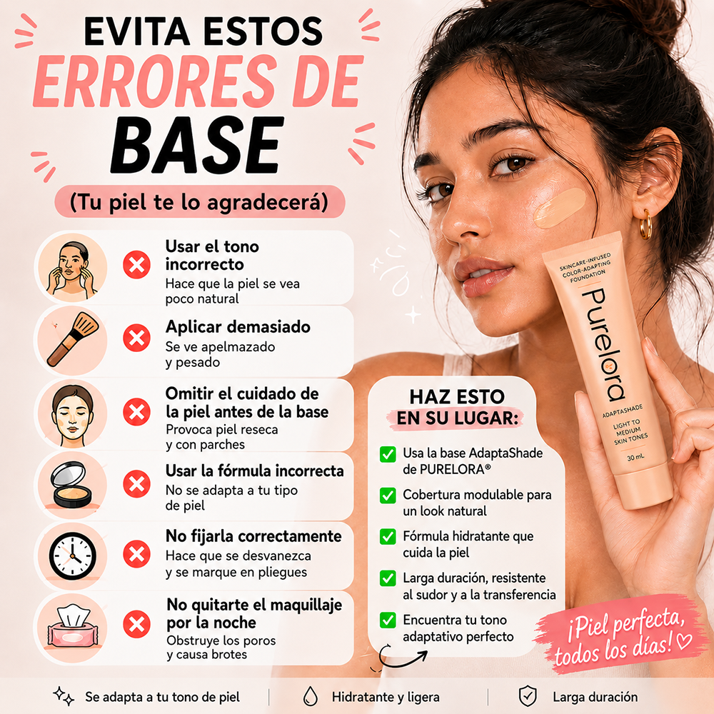 【Tienda Oficial】PURELORA® AdaptaShade — La base que se ajusta sola a tu tono y deja la piel increíble