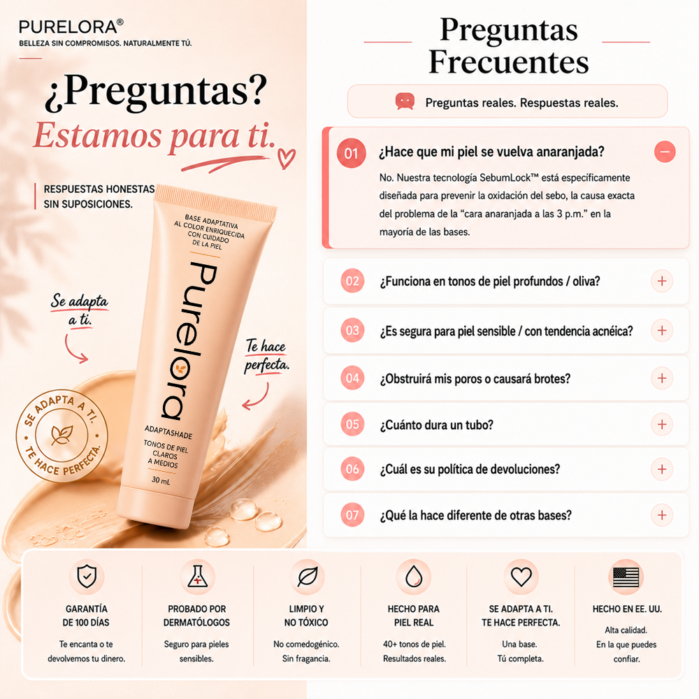【Tienda Oficial】PURELORA® AdaptaShade — La base que se ajusta sola a tu tono y deja la piel increíble