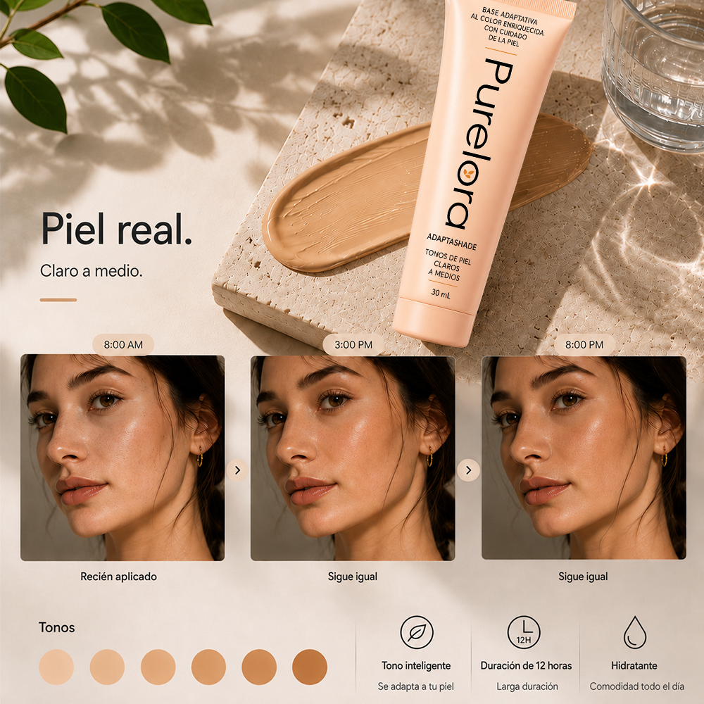 【Tienda Oficial】PURELORA® AdaptaShade — La base que se ajusta sola a tu tono y deja la piel increíble