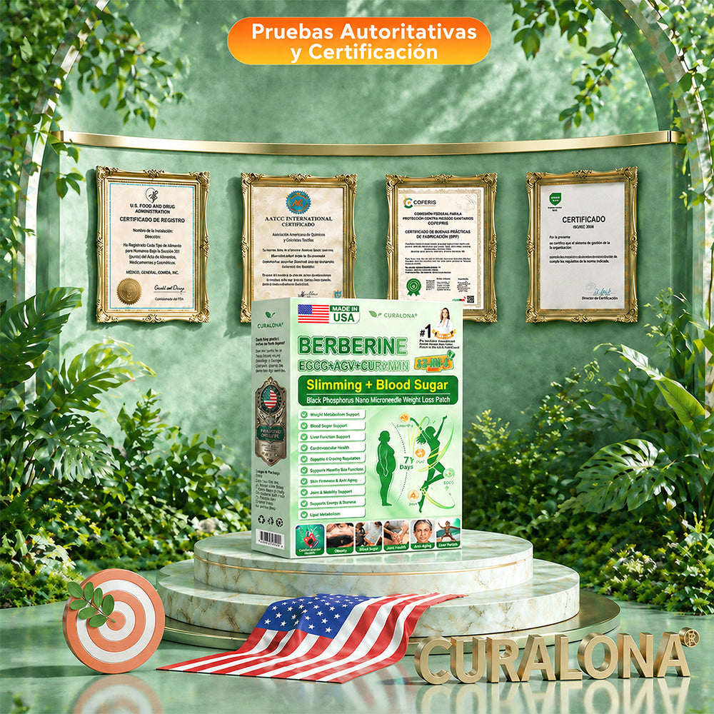 Tienda Oficial Insignia de la Marca | Parche Adelgazante de Nanagujas de Fósforo Negro Curalona® — Fórmula 12 en 1: Berberina + NMN + Vinagre de Sidra de Manzana | Promueve la quema de grasa | ¡Resultados visibles en solo 7 días!