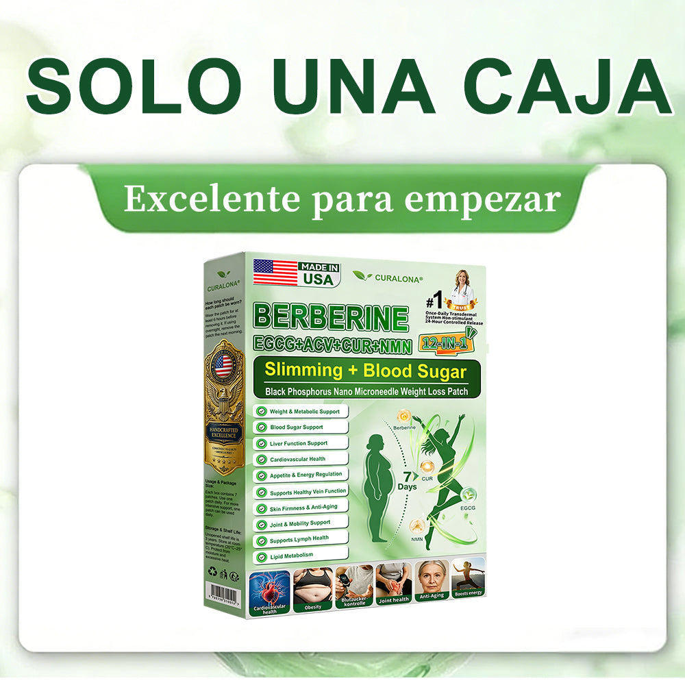 Tienda Oficial Insignia de la Marca | Parche Adelgazante de Nanagujas de Fósforo Negro Curalona® — Fórmula 12 en 1: Berberina + NMN + Vinagre de Sidra de Manzana | Promueve la quema de grasa | ¡Resultados visibles en solo 7 días!