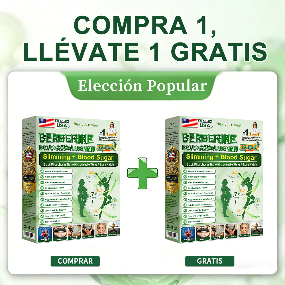 Tienda Oficial Insignia de la Marca | Parche Adelgazante de Nanagujas de Fósforo Negro Curalona® — Fórmula 12 en 1: Berberina + NMN + Vinagre de Sidra de Manzana | Promueve la quema de grasa | ¡Resultados visibles en solo 7 días!