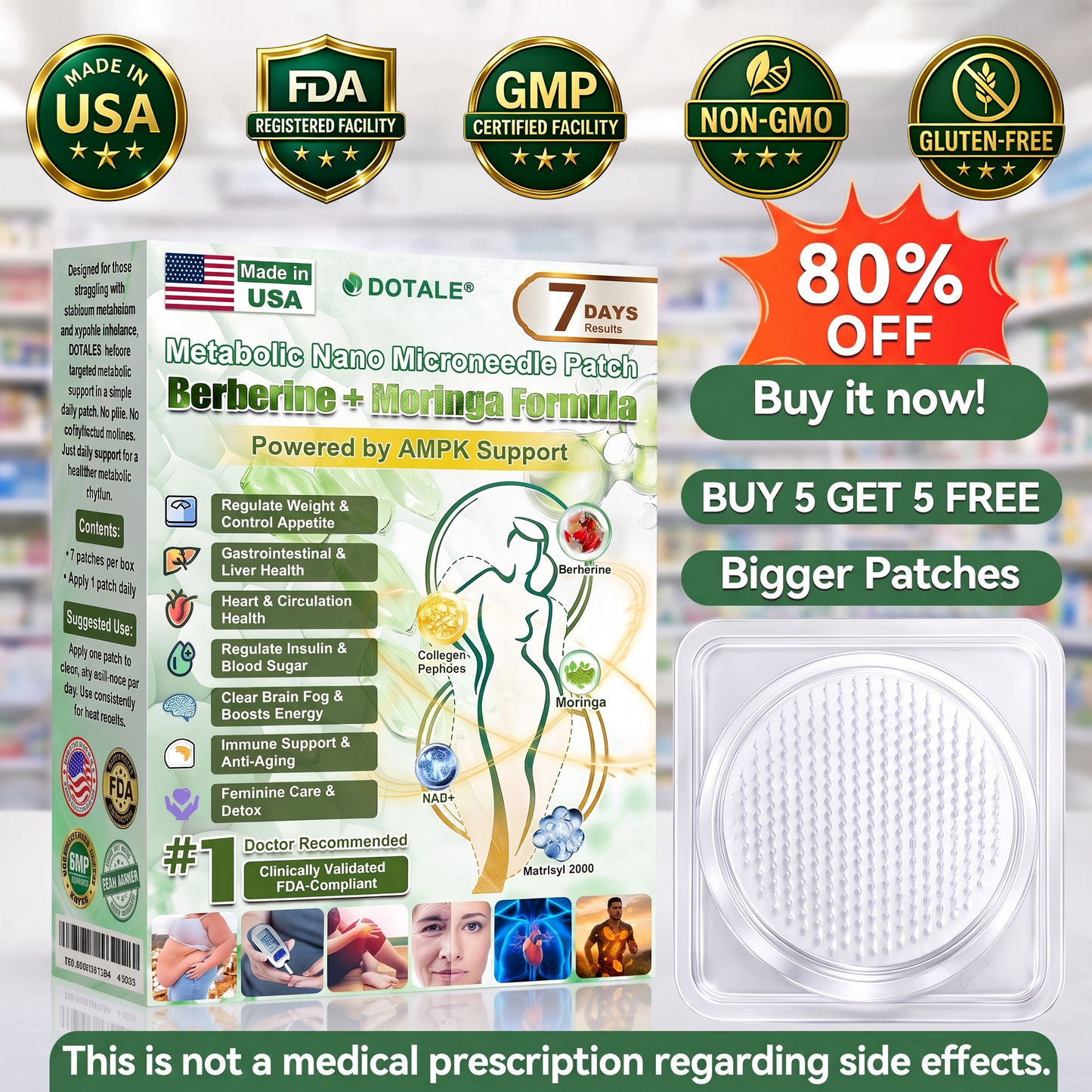 CURALONA® Parche Metabólico Nano de Microagujas ✈️ Solo 1 vez al día — cambios visibles en 7 días Fórmula con Berberina + Moringa ✅ Para grasa acumulada, piel flácida, niveles altos de azúcar, apnea del sueño, molestias en las articulaciones y más 💥