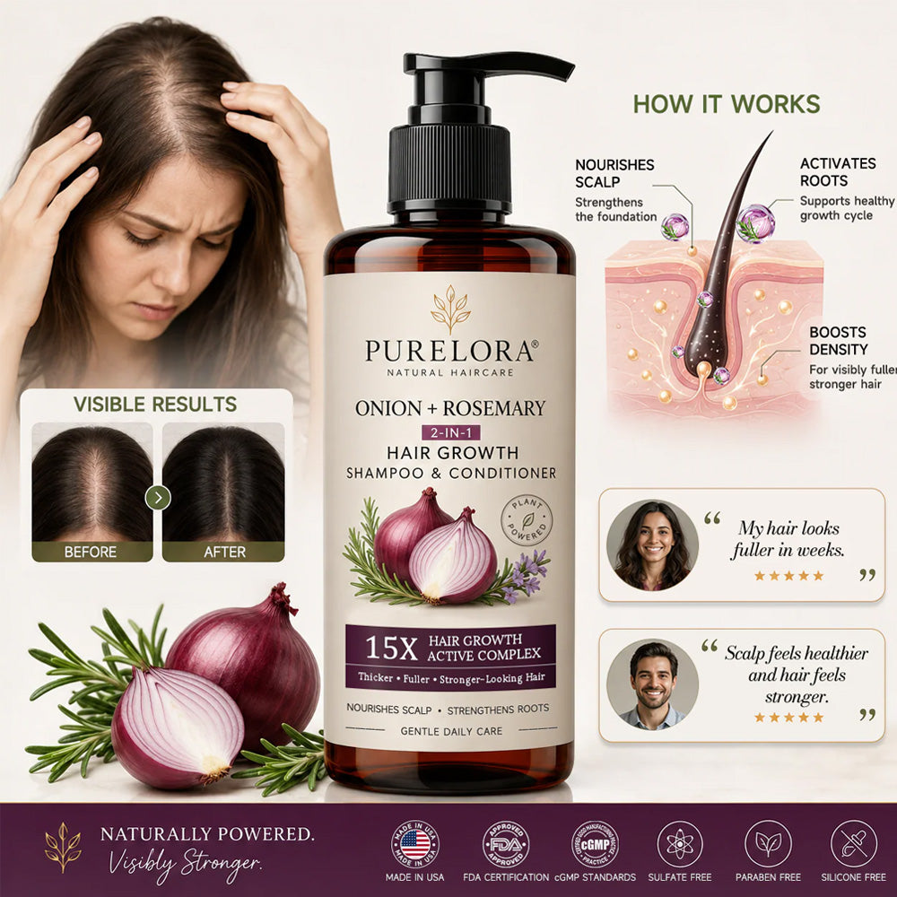 🌿👨‍⚕️ Official US Store 🇺🇸 | 🔥 PURELORA® Onion & Rosemary 2-in-1 Shampoo & Conditioner with 15X Active Complex for Hair Growth: For hair that looks thicker, fuller, and stronger