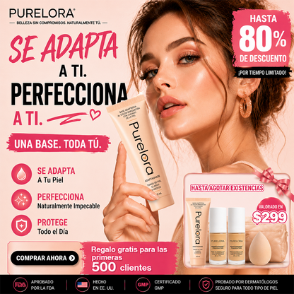 【Tienda Oficial】PURELORA® AdaptaShade — La base que se ajusta sola a tu tono y deja la piel increíble
