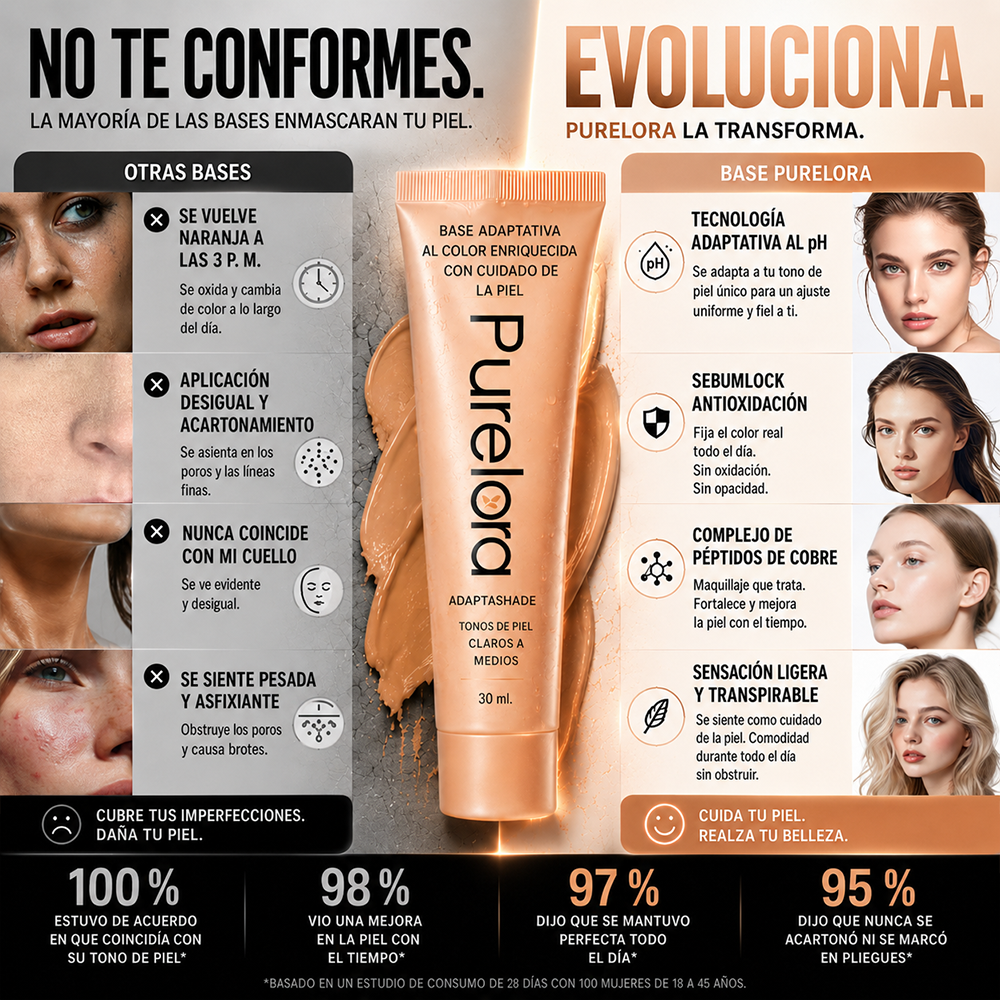 【Tienda Oficial】PURELORA® AdaptaShade — La base que se ajusta sola a tu tono y deja la piel increíble