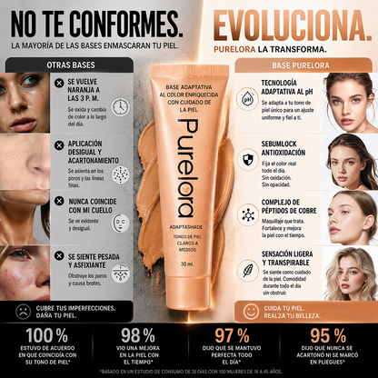 【Tienda Oficial】PURELORA® AdaptaShade — La base que se ajusta sola a tu tono y deja la piel increíble
