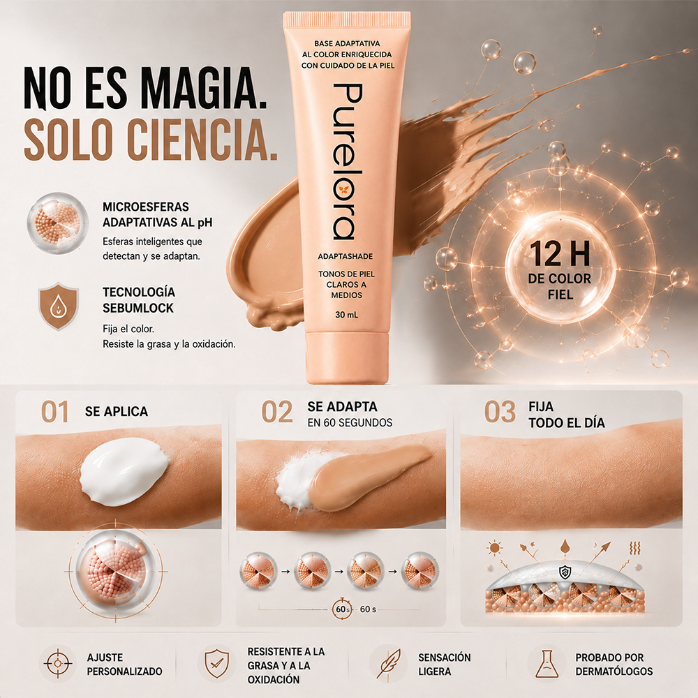 【Tienda Oficial】PURELORA® AdaptaShade — La base que se ajusta sola a tu tono y deja la piel increíble