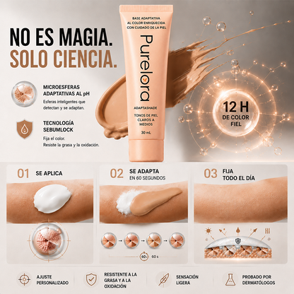 【Tienda Oficial】PURELORA® AdaptaShade — La base que se ajusta sola a tu tono y deja la piel increíble