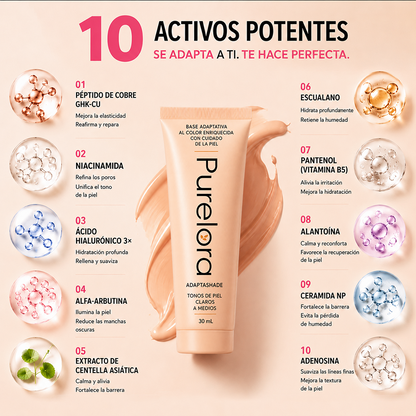 【Tienda Oficial】PURELORA® AdaptaShade — La base que se ajusta sola a tu tono y deja la piel increíble
