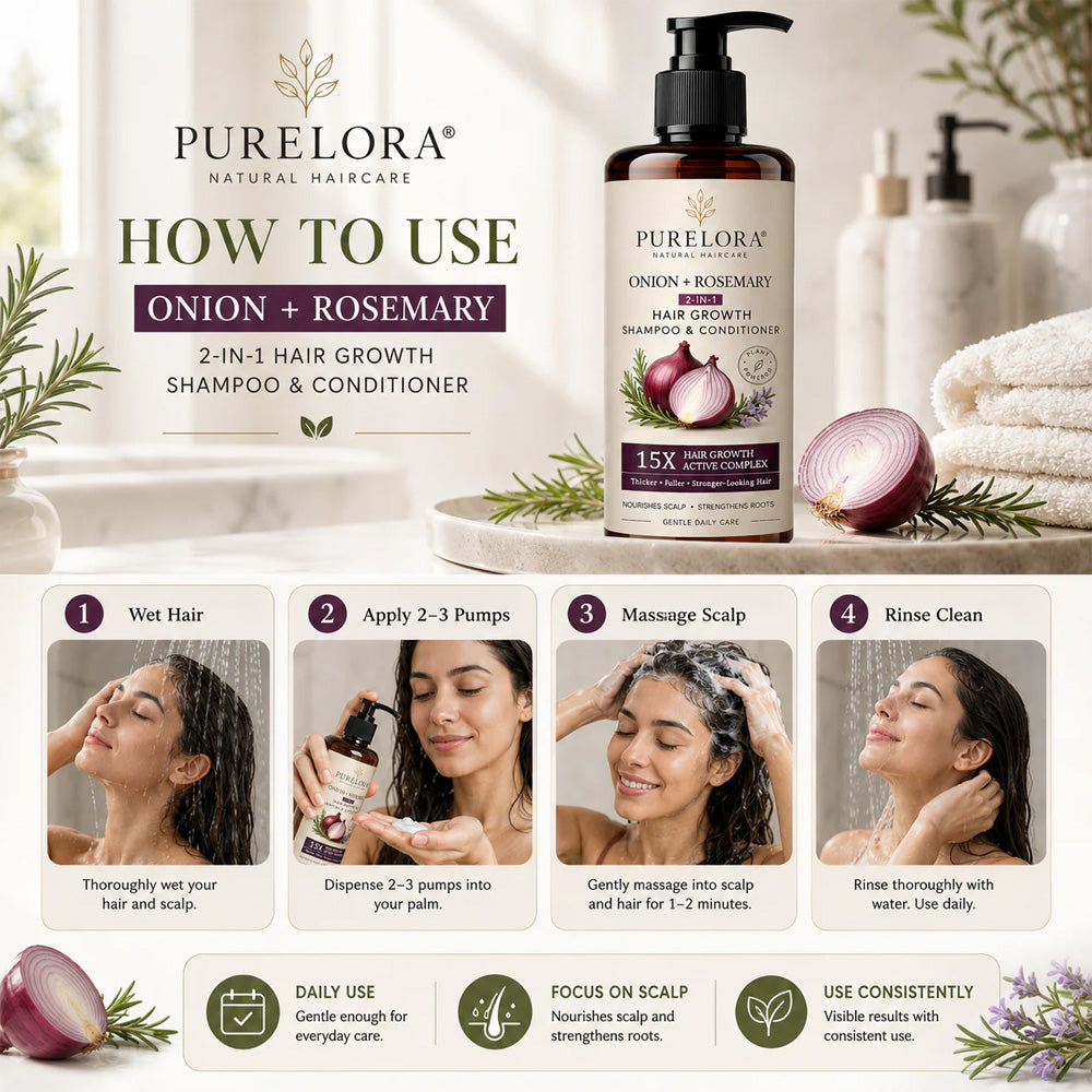 🌿👨‍⚕️ Official US Store 🇺🇸 | 🔥 PURELORA® Onion & Rosemary 2-in-1 Shampoo & Conditioner with 15X Active Complex for Hair Growth: For hair that looks thicker, fuller, and stronger